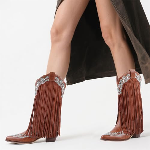 FancyQueen Fringe Cowboy Boots for Women, Mid Calf Embroidered Cowgirl Boots with Studded Chunky Pointed Toe Western Booties for Country Music Festivals3