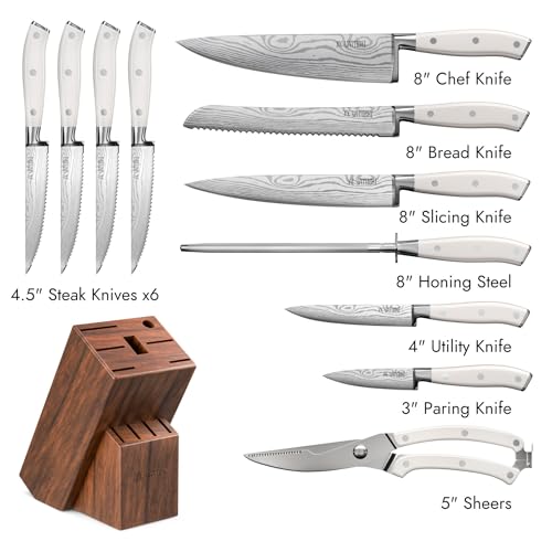 Image of Yatoshi 12 Piece White Knife Block Set - Pro Kitchen Knife Set Ultra Sharp High Carbon Stainless Steel with Ergonomic Handle