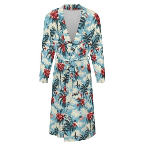 Palm Trees Hibiscus U.S. Flag Soft Robe Long Sleeve Bathrobes V Neck Sleepwear Spa Robes with Belt Men Woman4