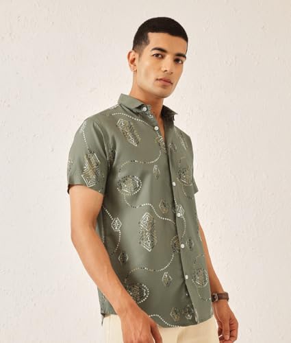 Image of Majestic Man Men's Slim Fit Pure Cotton Printed Casual Shirt - Short Sleeve | Premium Breathable Fabric | Modern Geometric Design
