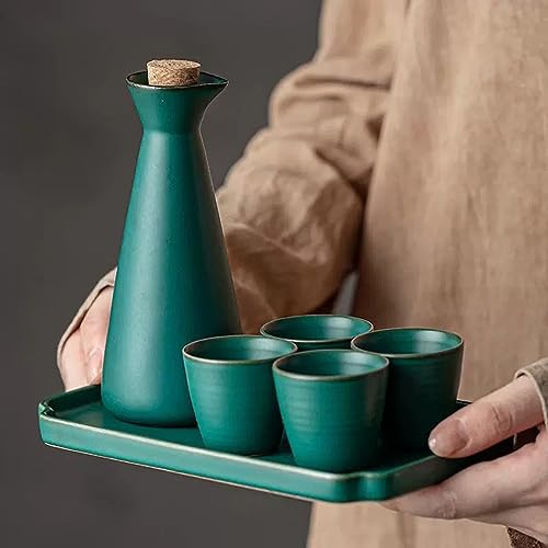 Juego de sake japonés REVLIE de cerámica verde con 4 tazas y bandeja retro 3