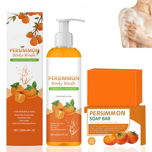 Natural Persimmon Body Wash and Soap Bar Set Persimmon Soap and Body Wash for Deep Cleansing Moisturizing Body Cleanser Gentle Bo/dy Wash for Dry & Itchy Skin Softens and Protects Skin