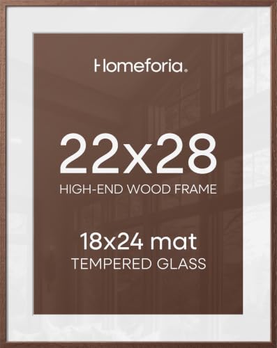 Image of Homeforia 22x28 Poster Frame Walnut, High End Dark Oak 22x28 Large Wooden Picture Frame with Mat 18x24, 22 x 28 Brown Wood Frame Matted to 18 x 24, 28x22 Thin Frame, Tempered Glass, Wall Kit, Set of 1
