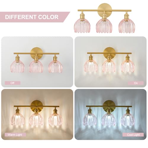 Image of Gold Bathroom Light Fixtures Over Mirror, 3 Light Bathroom Vanity Light with Tulip Pink Glass Lampshade, Vintage Vanity Lights for Bathroom, Bathroom Vanity Lights Over Mirror