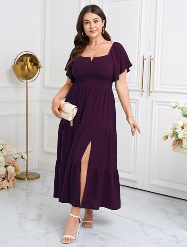 Image of SCOMCHIC Womens Plus Size Maxi Dress Formal Short Sleeve Square Neck Smocked Side Split Flowy A Line Tiered Long Dress