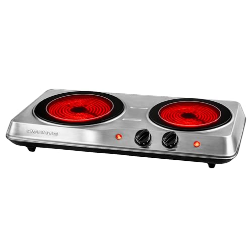 Image of OVENTE Countertop Infrared Double Burner, 1700W Electric Hot Plate and Portable Stove with 7.75" and 6.75" Ceramic Glass Cooktop, 5 Level Temperature Setting and Easy to Clean Base, Silver BGI102S