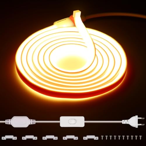 220V Ruban LED COB Exterieur Etanche 5M, 288 Leds/m Strip Blanc Chaud 3000K sans Transformateur, Flexible Découpable Bande LED avec interrupteur IP65 pour la décoration intérieure, Chambre, la cuisine