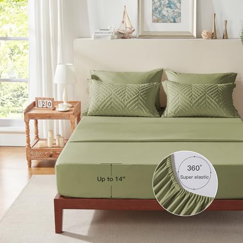 Image of Zzlpp King Comforter Set 7 Pieces, Army Green Tufted Bed in a Bag with Comforter and 2 Sheets, All Season Boho Bedding Sets with 1 Comforter, 2 Pillow Shams, 2 Pillowcases