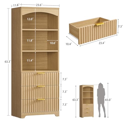 Image of TEENFON 63.3 inch Tall Bookshelf, Bookshelves and Bookcases with Drawers, Arched Design Bookcase with Storage Cabinet, Natural Wood Grain Wave Pattern Storage Shelves for Living Room, Bedroom,Office