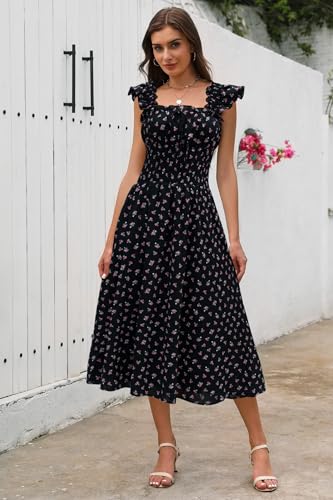 Image of Women's 2026 Spring Summer Floral Midi Dresses Square Neck Smocked Waist Beach Wedding Guest Long Flowy A Line Sundress