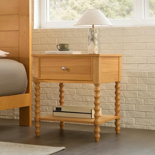Image of AMERLIFE 24 inch Wood Nightstand, Vintage Bedside Table for Bedroom, Solid Wood Night Stand with Turned Legs, End Table with Drawer & Open Shelf, Large /Tall Nightstand, Natural Finish