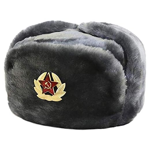 Loxdonz Ushanka Chapeau militaire russe avec cache-oreilles et badge soviétique, chapeau de ski pour l'hiver, gris, Taille unique