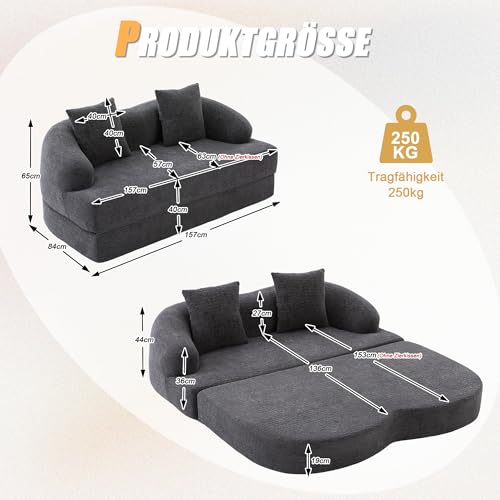 Sofá cama de dos plazas plegable en chenilla gris oscuro con 2 almohadas 3