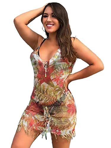 Saída De Praia Curta Decote Trançado Tricot (Verde/Florido, G)