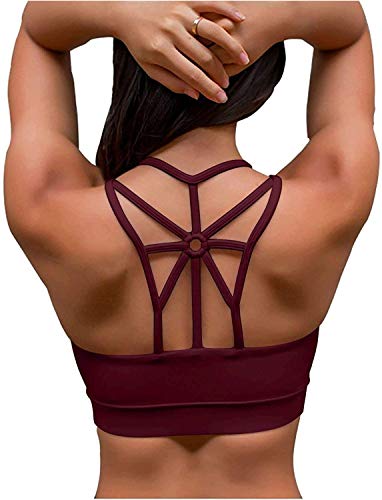YIANNA Sports Bras for Women Cross Back Padded Sports Bra Medium Support Wirefree Strappy Workout Activewear Running Yoga Bra Teal, YA-BRA139-Red-M