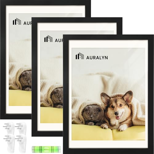 AURALYN 18x24 Picture Frame Set of 3, Fits 16x20 with Mat or 18x24 Without Mat, Gallery Wall Frames, Easy to Hang, Includes Hanging Kit, Black