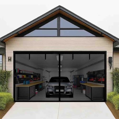 Image of Magnetic Garage Door Screen 12x9ft for 1 Car, Doors Durable Fiberglass Heavy Duty Mesh Magnetic Net, Pets Friendly Retractable for Carport Garage Patio Porch (Black, 12x9ft)