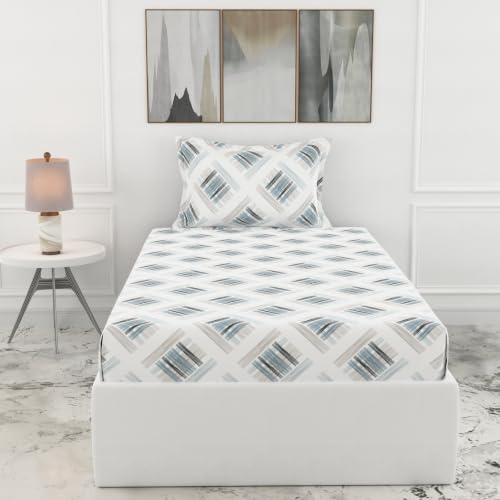Image of LORETO - A QUALITY LINEN BRAND 186 TC 100% Pure Cotton Single Fitted Bedsheet with 1 Pillow Cover for 78 x 36 Inch Mattress, All-Around Elastic, 8 Inch Deep Pocket, Mist & Charcoal Grid
