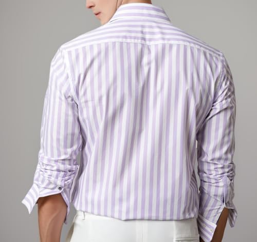 Image of IndoPrimo Men's Cotton Shirt with Full Sleeves Spread Collar Classic Style Striped Pattern Regular Fit and Standard Length