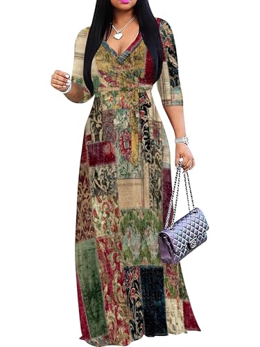 Image of Women's Plus Size Maxi Dresses Long Sleeves V Neck Floral Print Bohemian Swing Long Dress with Belt