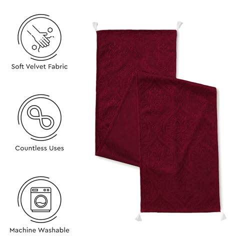 Image of Encasa XO 4 to 6 Seater Dining Embossed Velvet Table Runner | Size 32x183 cm | Maroon Color with Premium Polyester - Machine Washable
