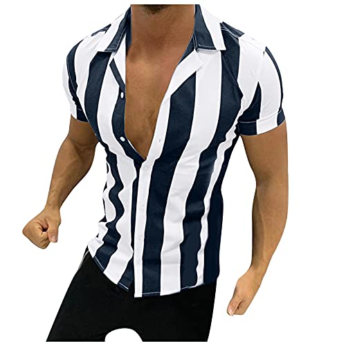 Shirts for Men's 2025 Trendy Striped Print Short Sleeves Button Lapel Blouse Tops Slim Fit Comfy Shirt Tops