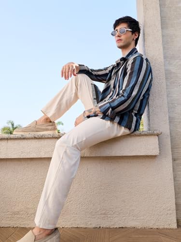 Image of The Souled Store Cotton Linen Stripes: Apricot Men and Boys Long Sleeves Collared Neck Orange Stripes Regular Fit Lightweight Comfortable Summer Cotton Linen Shirts