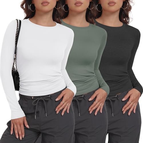 Image of MLYENX 3 Pack Womens Long Sleeve Shirts Crew Neck Basic Stretchy Fitted Y2K Tops Going Out Fashion Clothes