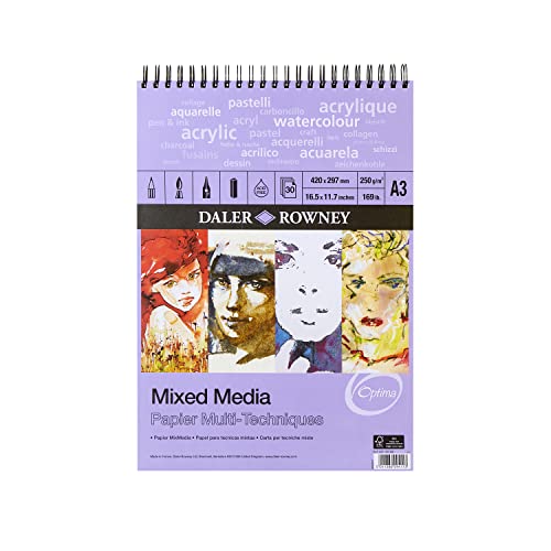 Daler-Rowney Optima Lightly Textured 250 gsm A3 Mixed Media Paper Spiral Pad, 30 White Sheets, Ideal for Professional Artists and Students