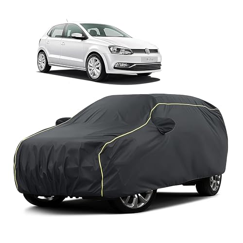 Image of Sulfar 100% Water Resistant Car Body Cover Compatible with Mirror for Volkswagen Polo (Triple Stitched, Full Bottom Elastic, Dark Grey Taffeta with Yellow Piping)
