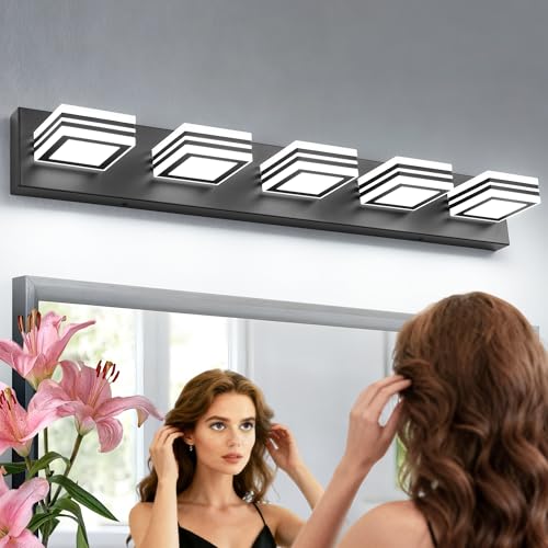 Image of SOLFART LED Bathroom Lighting Fixtures - 5 Lights Modern Matte Black Acrylic Vanity Lights for Mirror 32inch 24W
