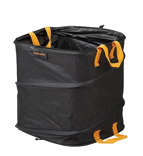Fiskars PopUp-Gartensack mit Griffen, Platzsparend faltbar, Fassungsvermögen: 73 L, Höhe: 46 cm, Breite: 40 cm, Schwarz/Orange, Ergo, 1028371