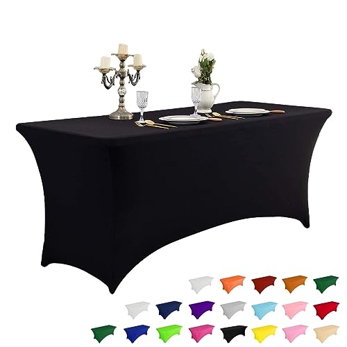 Photo 1 of 8FT Spring Table Cloth for Rectangular Fitted Events Stretch Black Table Covers Washable Table Cover Spandex Tablecloth Table Protector for Party