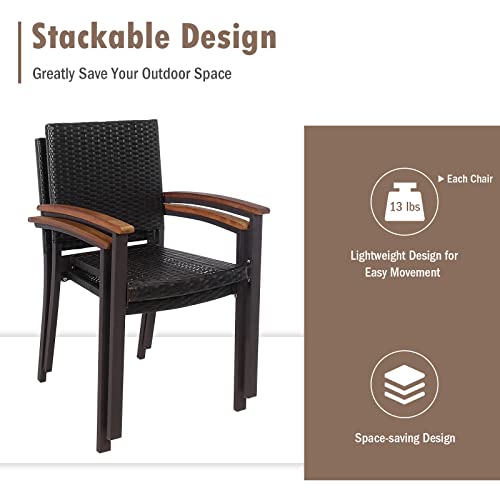 Tangkula 4 Pieces Outdoor Pe Wicker Stackable Chairs, Patio Dining Chairs With Solid Acacia Wood Armrests, Indoor Outdoor Bistro Chairs For Garden, Poolside And Backyard (2, Mix Brown) #TOP5
