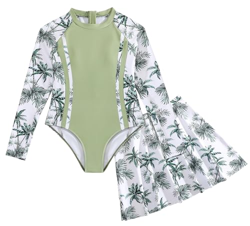 SEAUR Girls Printed Rash Guard Swimsuits with Skirt Kids Sun Protection Bathing Suits Zipper Swimwear UPF 50+