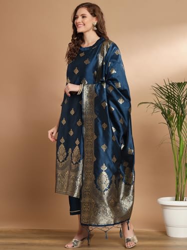 Image of VredeVogel Women's Cotton Silk Jacquard, Banarasi Silk Kurta Pant With Dupatta Set