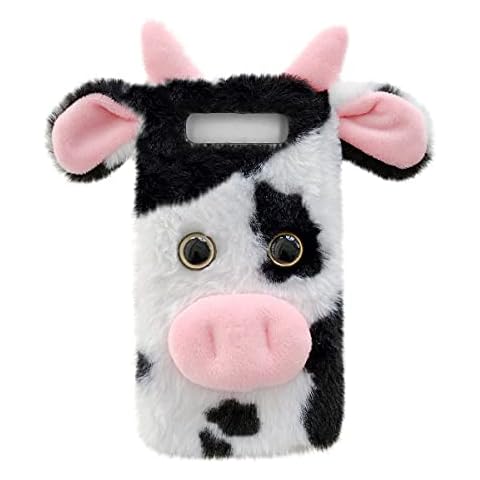 Mikikit Black Fluffy Fur Plush Case for S10 Plus, Cute Milk Cow Furry Girly Cover 3D Animal Fuzzy Protective Case Rabbit Cony Hair Kawaii Toy Fun Women Phone Shell for S10+ Cover