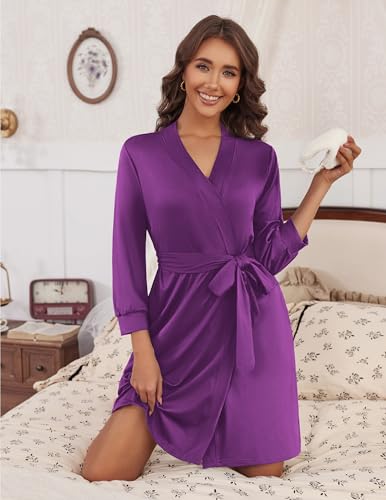 Image of Ekouaer Women's Robes Lightweight 3 /4 Sleeve Short Knit Bathrobe Soft Knee Length Sleepwear Robes with Pockets S-XXL