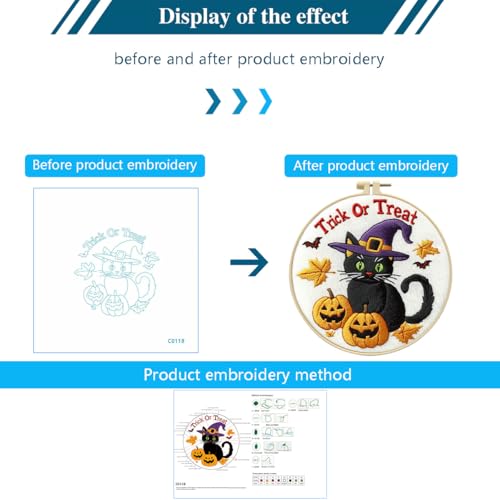Image of Zhenqing Halloween Black Cat Embroidery Kit for Beginners, Trick or Treat Witch Cat Needlework Kit with Pre-Printed Cotton Fabric, Hoop, Threads & Tools, Spooky DIY Decor (C0118)