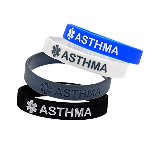 4 Pack Asthma Silicone Medical Alert Emergency Bracelet Wristbands (Asthma)
