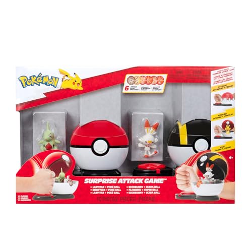 Pokémon Surprise Attack Game - 5.1 cm Larvitar und Scorbunny mit Poké-Ball und Ultra-Ball Plus 6 Angriffsscheiben