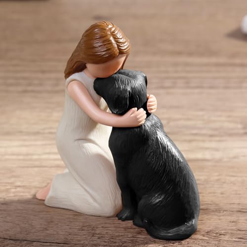 Carracci Love My Black Dog Figuren Statuen, Mädchen Schwarzer Hund Engel Freundschaft Gedenkgeschenke für Hundemama, handgefertigte und handbemalte Figuren für Hundeliebhaber