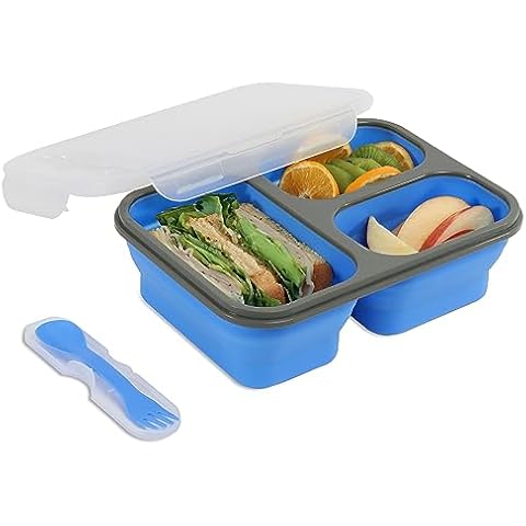 Creekview Home Emporium Collapsible Food Container - Blue Bento Lunch Box with 3 Compartments and Silverware in Lid Cover
