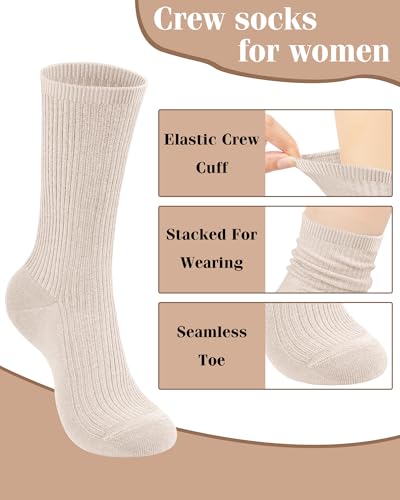 Image of YSense Women's Cotton Crew Socks 6 Pairs, Long Cute Aesthetic Neutral Athletic Boot Socks for Women Stocking Stuffers Gifts