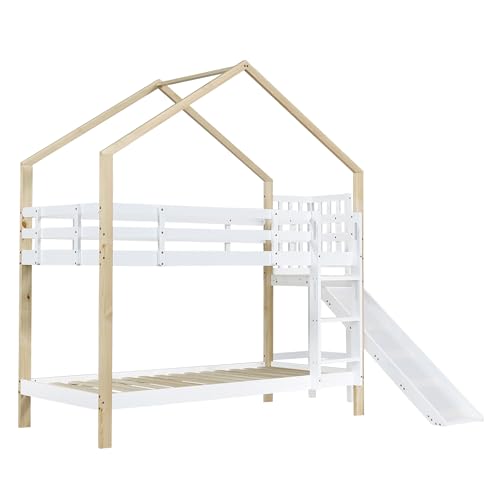 Rvjiahe Etagenbett mit Rutsche und dreistufiger Winkelaufstiegsleiter, Hausbett mit mit Absturzsicherung, Kinderbett, Bettrahmen aus Massivholz, Weiß+Natur, 90x200cm (Weiß+Natur, 90x200cm)