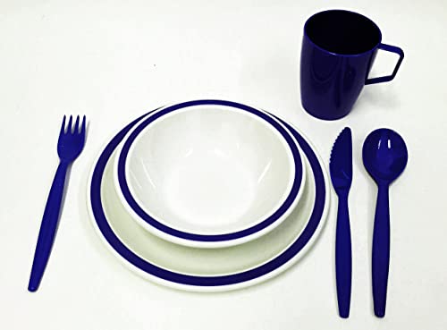 Harfield Tableware Royal Blue & White Duo Camping Picnic Dinner Set - Reusable Virtually Unbreakable...