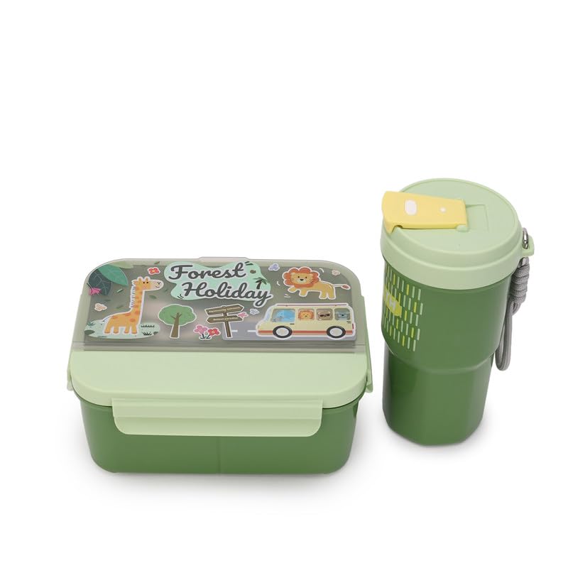 Image of Lunch Boxes 600 ml with 500ml Water Bottle Combo| Plastic 3 Compartment Leakproof Bento Box for School Picnic Office Boys and Girls - BPA Free - 4-Side Lock (Color - Green)