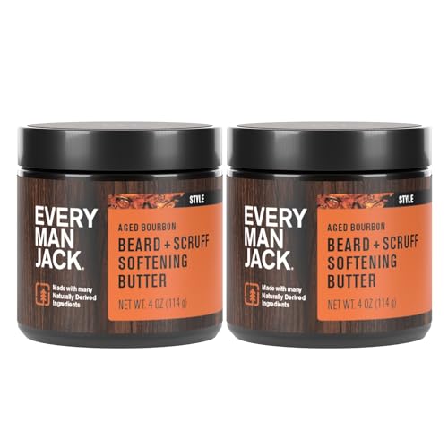 Every Man Jack Beard & Scruff Softening Butter- Aged Bourbon Fragrance - Hydrates & Styles Dry Unruly Beards While Relieving Itch - Made with Shea Butter & Coconut Oil - 4-ounce (2 Pack)