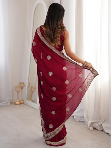 Image of AKHILAM Women's Maroon Vichitra Silk Embroidered Sequins Work Saree With Unstitched Blouse Piece (KRIYNS6101 KH)