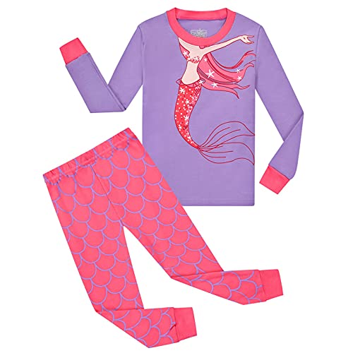 Psafagsa Filles Ensemble de Pyjama Coton pour La Maison Manches Longues + Pantalon Enfants Pajama VêTements Sirène Rose 3-4 Ans Cover